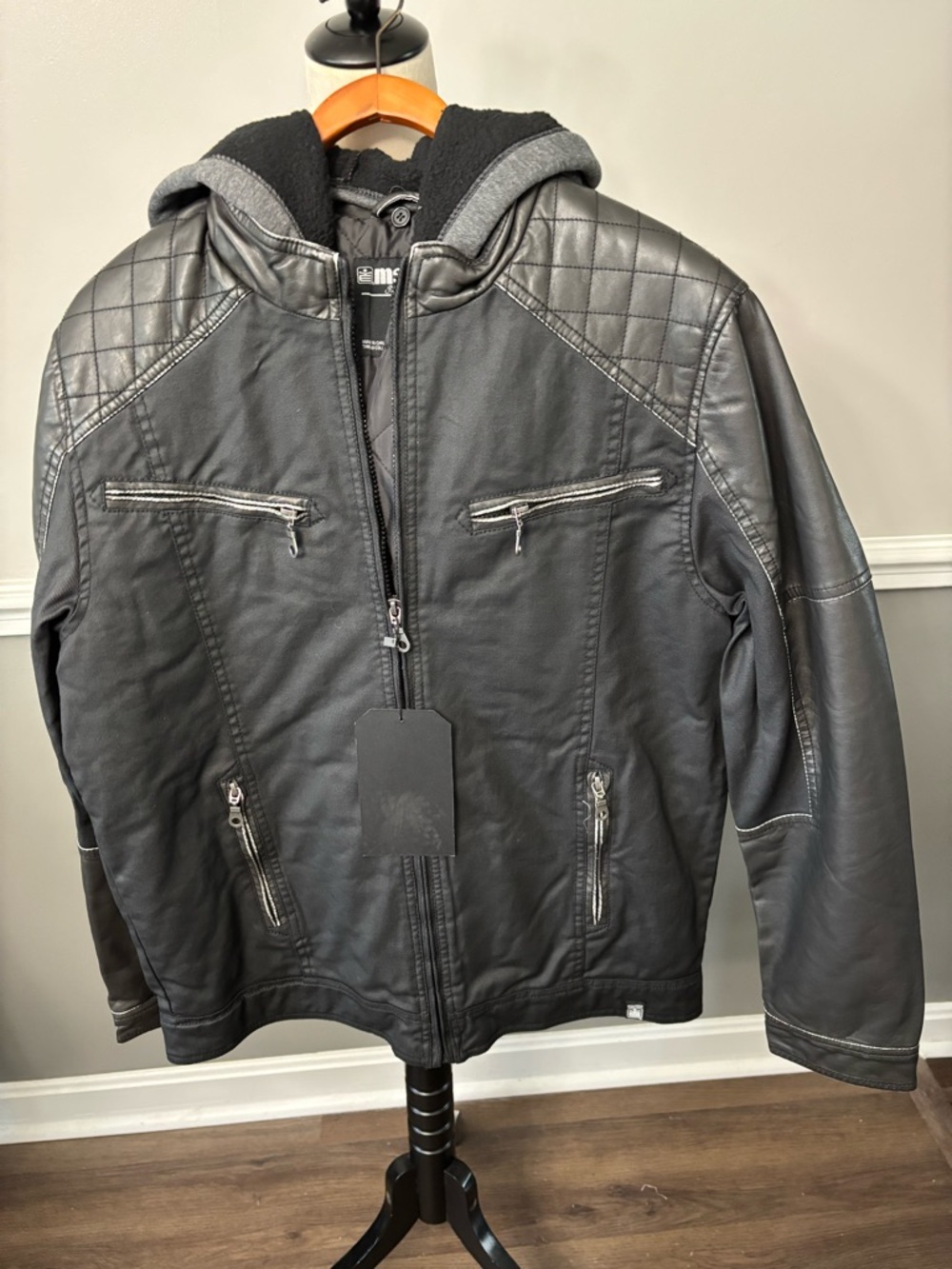 Machine Black Quilted Faux-Leather Hooded Bomber Jacket